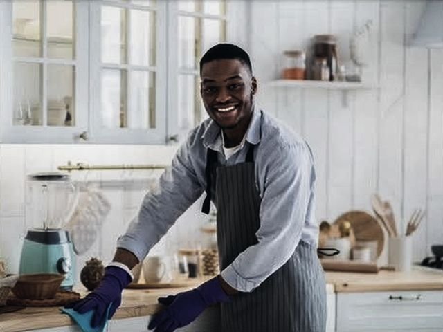 A cleaner in gloves wiping down a kitchen worktop