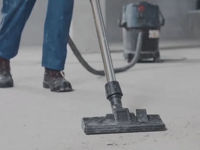 A worker vacuuming construction dust from a bare concrete floor with an industrial vacuum