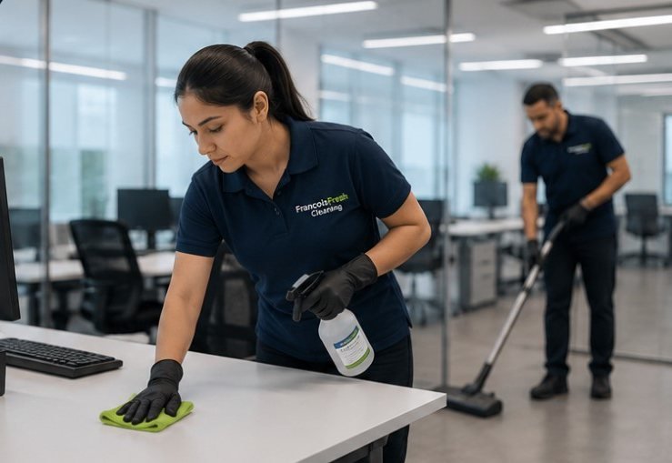Two Francois Fresh Cleaning team members in company uniform working in a commercial office — one disinfecting a desk, the other mopping the floor.